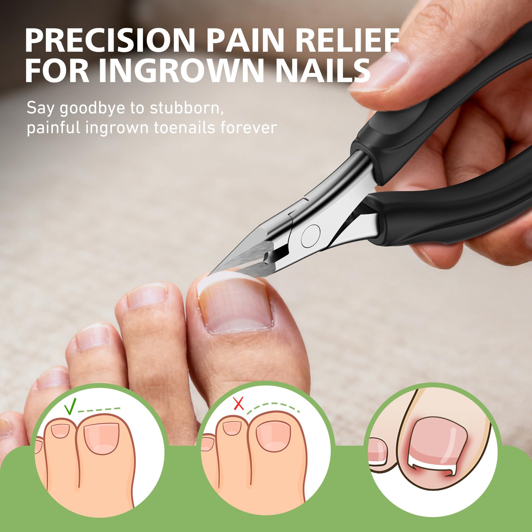 Baluca long-handle ergonomic grip enables easier one-handed nail care.