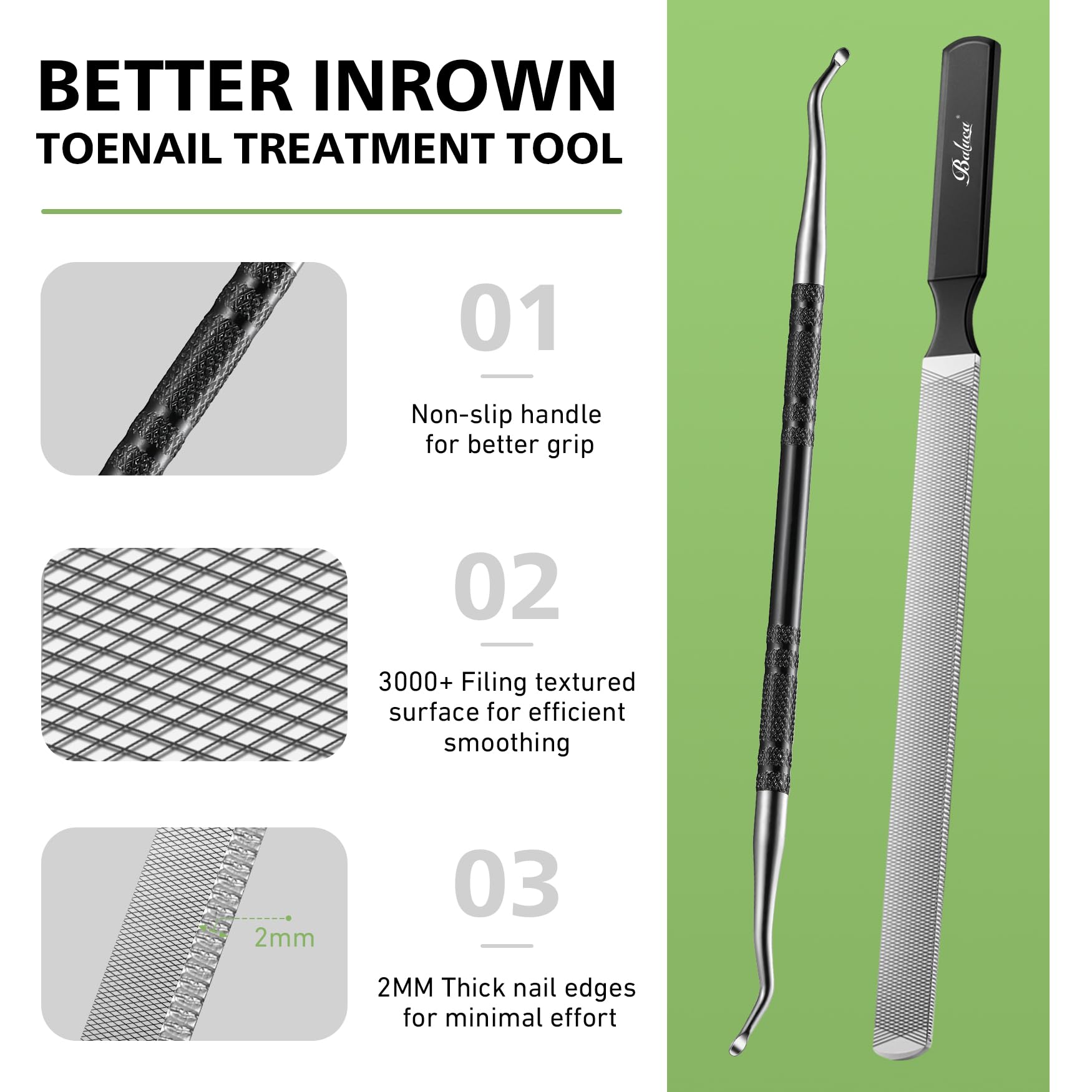 Baluca coarse grit 180/240 file smooths thick nails quickly.