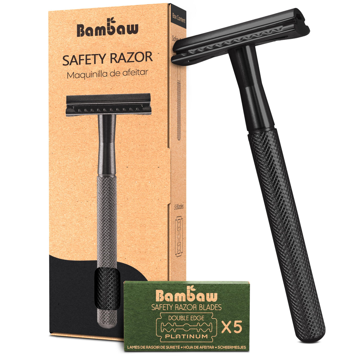 Bambaw safety razor with black handle offers a precise close shave.