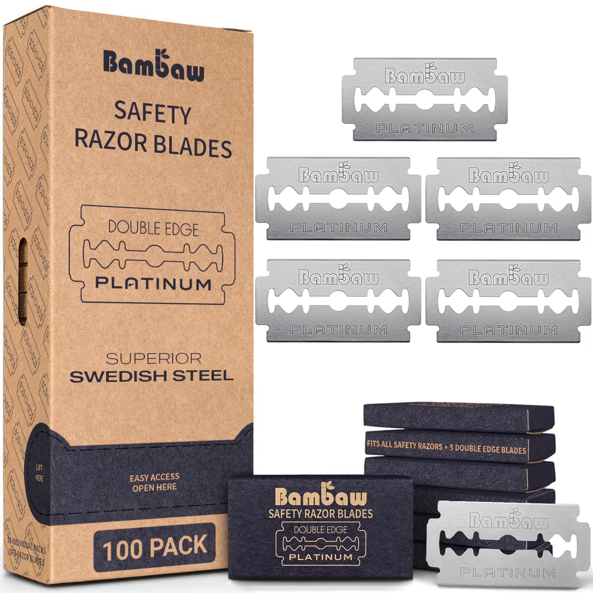 Bambaw safety razor blades front view showing Swedish steel 100-pack for long-term supply.