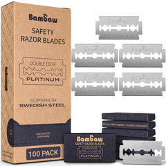 Bambaw safety razor blades front view showing Swedish steel 100-pack for long-term supply.
