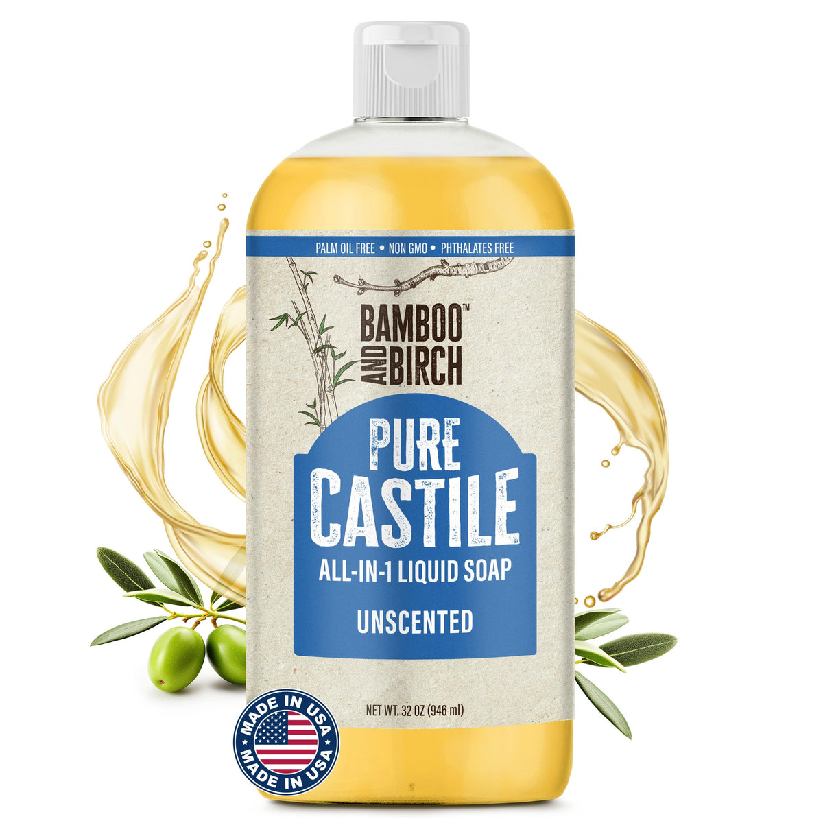Jabón Castile líquido Bamboo and Birch en botella 32 oz para limpieza suave