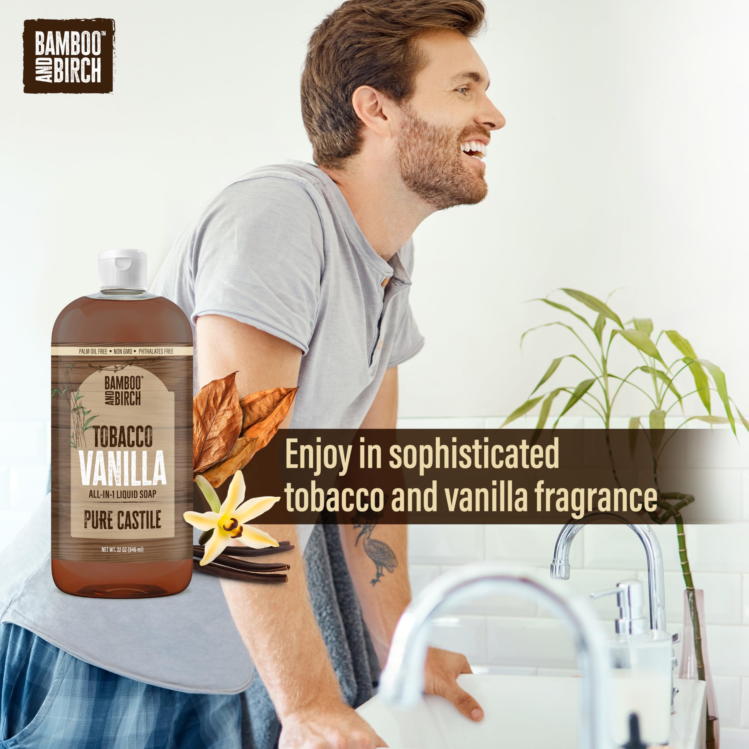 Etiqueta de BAMBOO AND BIRCH, envase reciclable para consumo responsable.