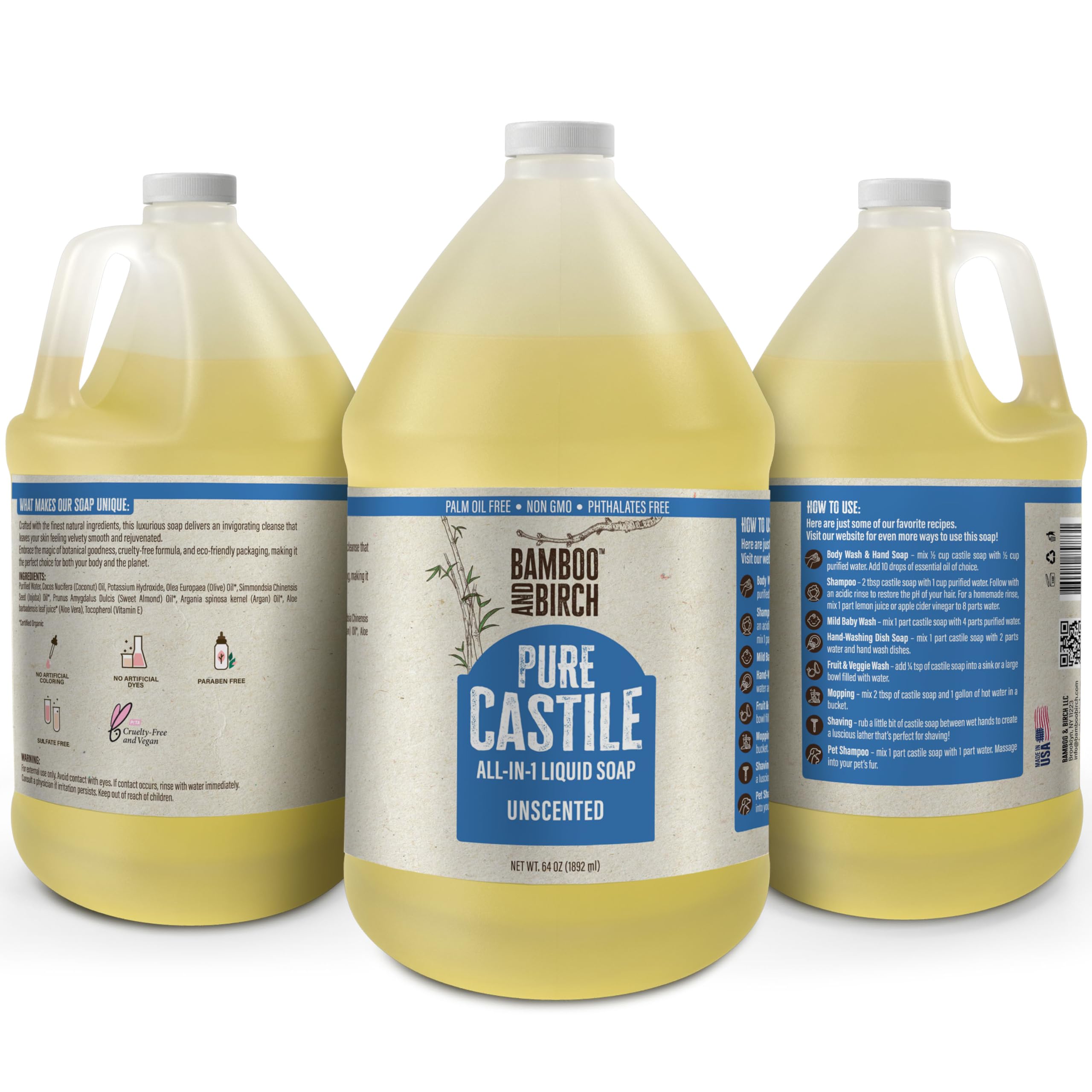Bamboo and Birch Pure Castile Soap Liquid bottle pouring, versatile for body, face, and home.