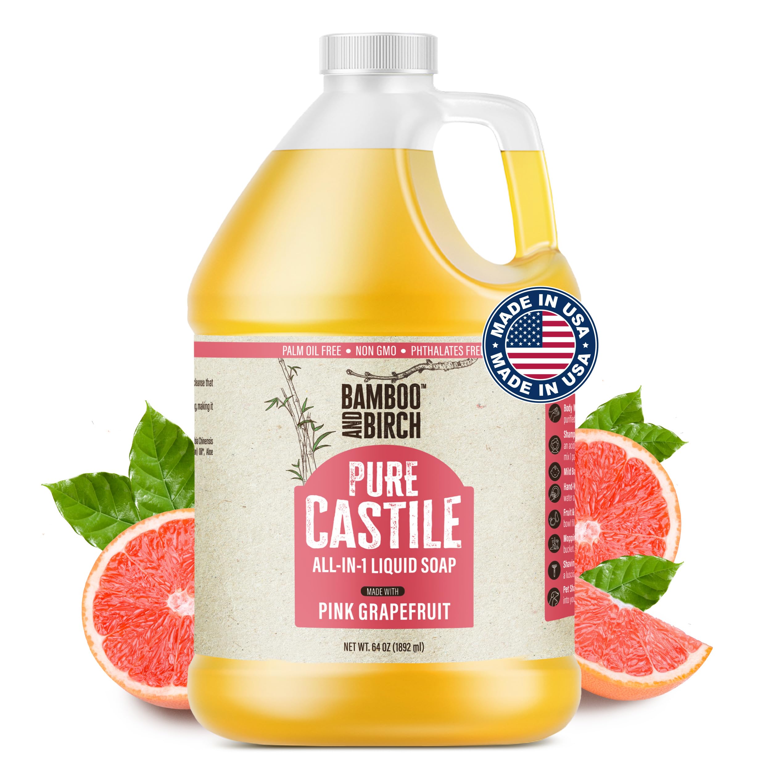 BAMBOO AND BIRCH Pure Castile Soap bottle on countertop for daily cleansing