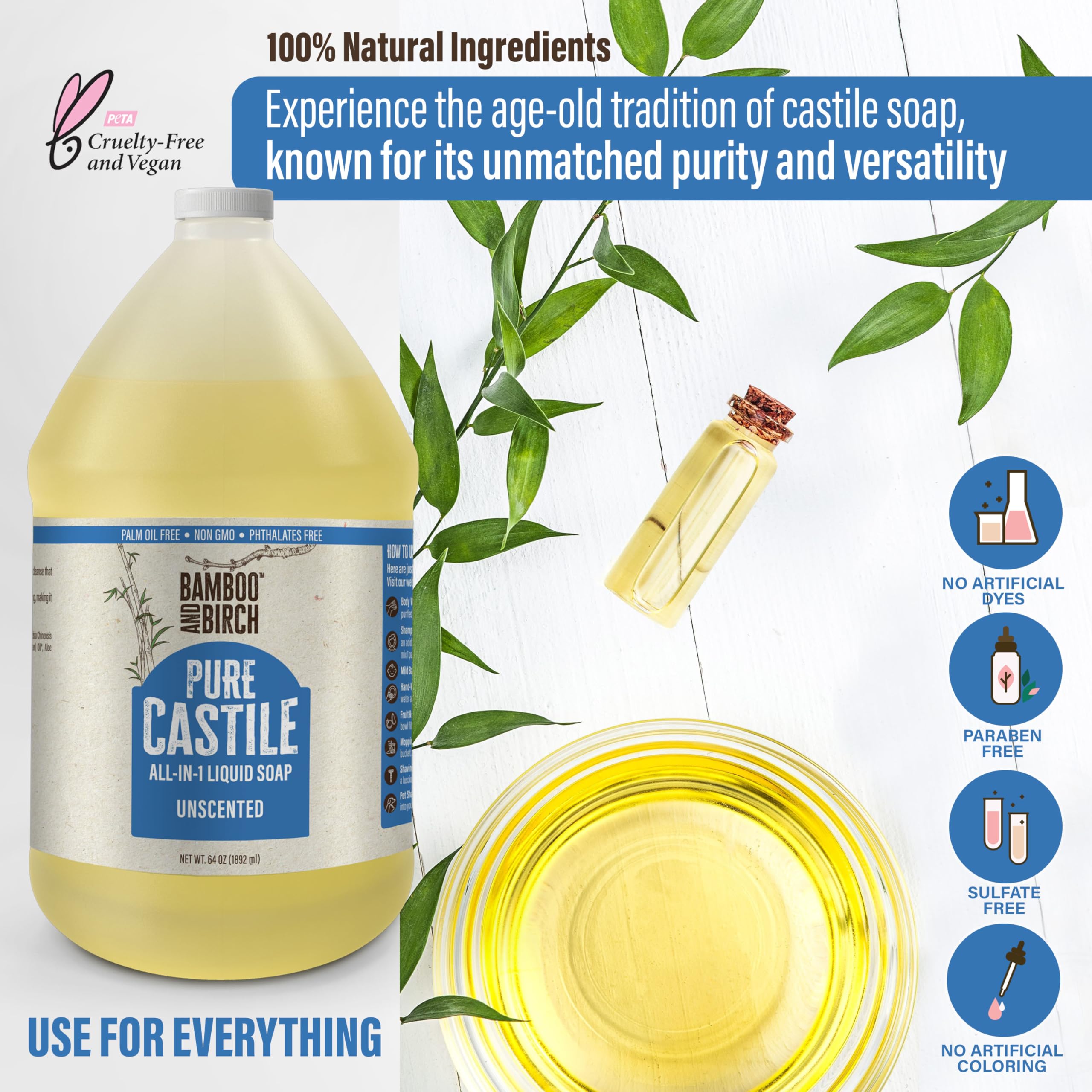 Bamboo and Birch Castile Soap used as gentle household cleaner and personal wash.