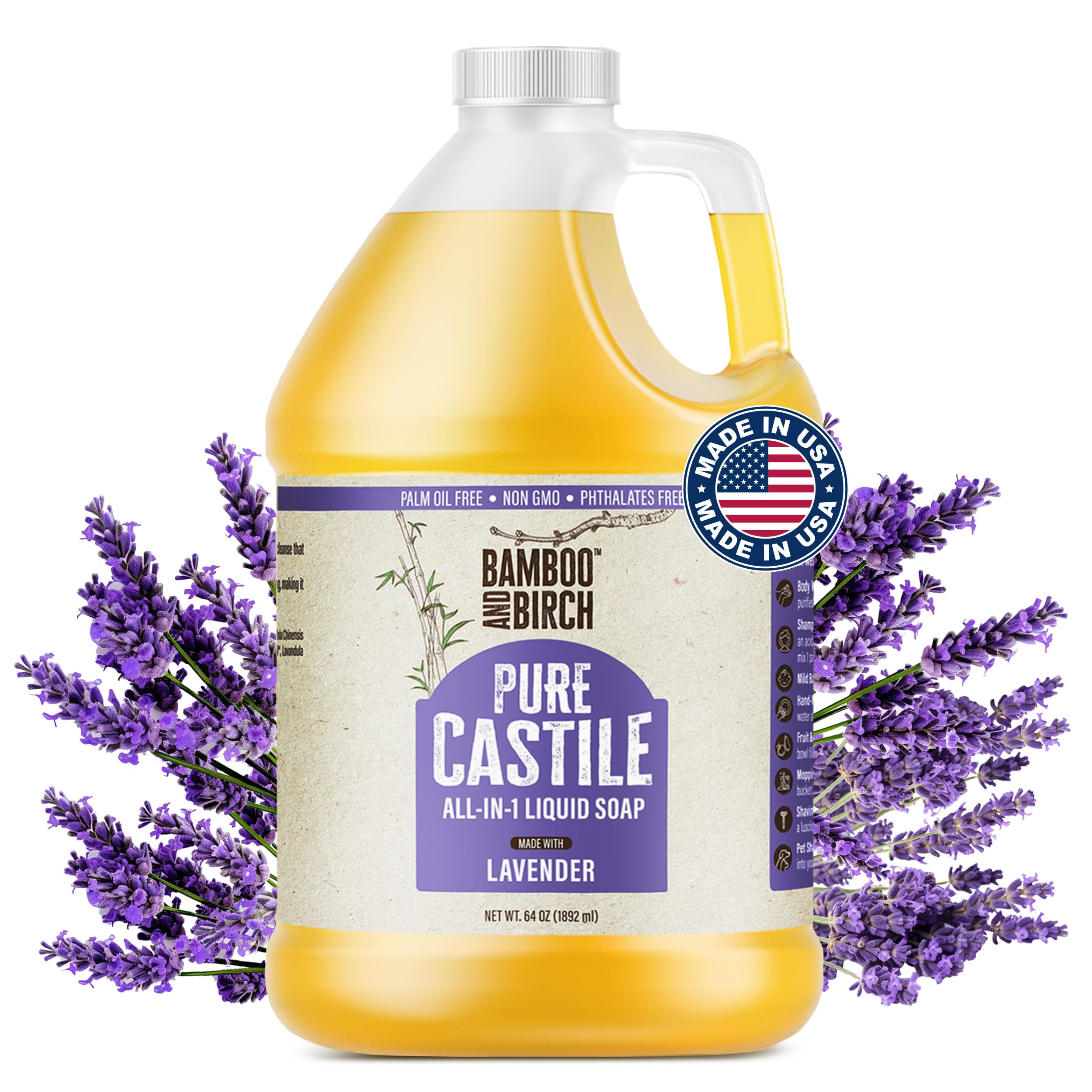 Bamboo and Birch Pure Castile Soap lavanda, botella 64 oz para uso suave y multiusos.