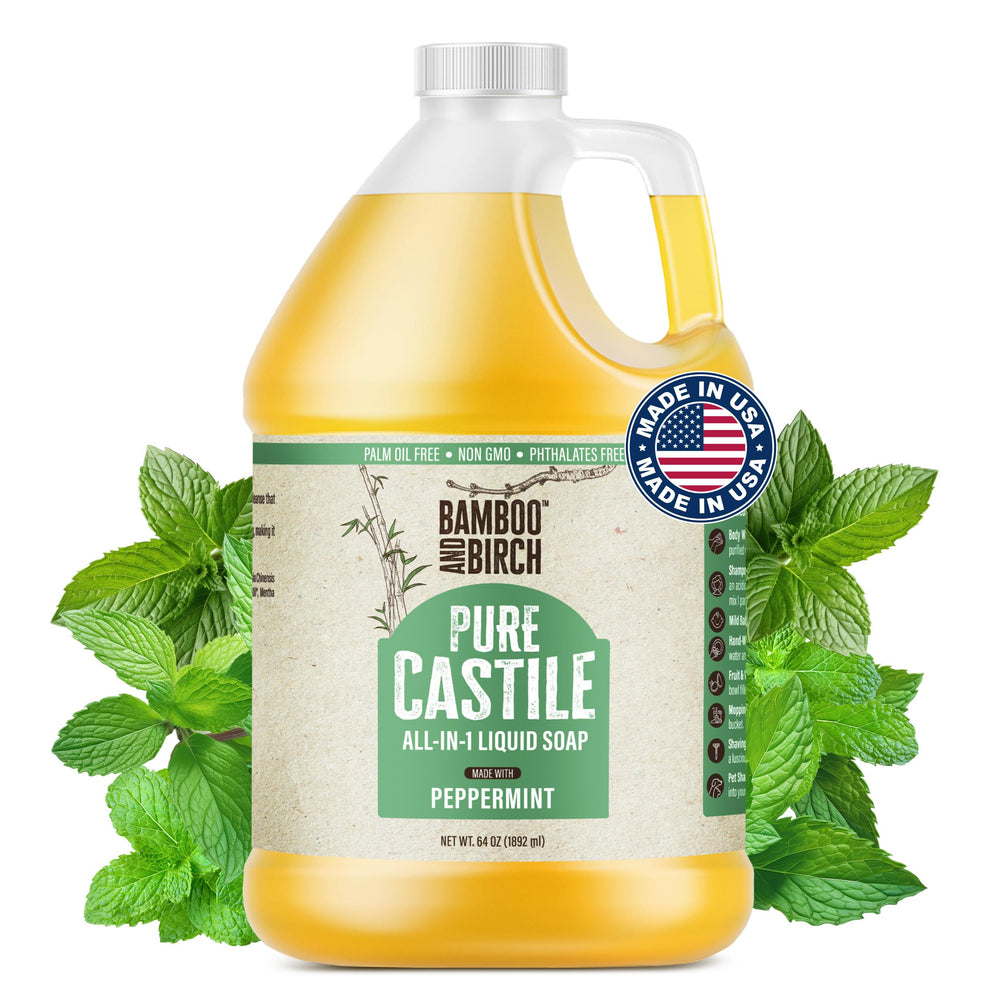 Bamboo and Birch Pure Castile Soap Liquid peppermint bottle for versatile skin and home cleansing
