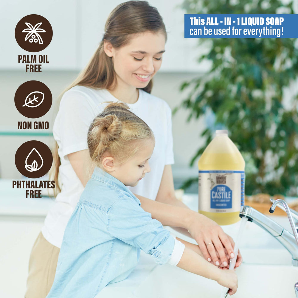 Bamboo and Birch Pure Castile Soap Liquid unscented variant closeup, ideal for sensitive skin routines.