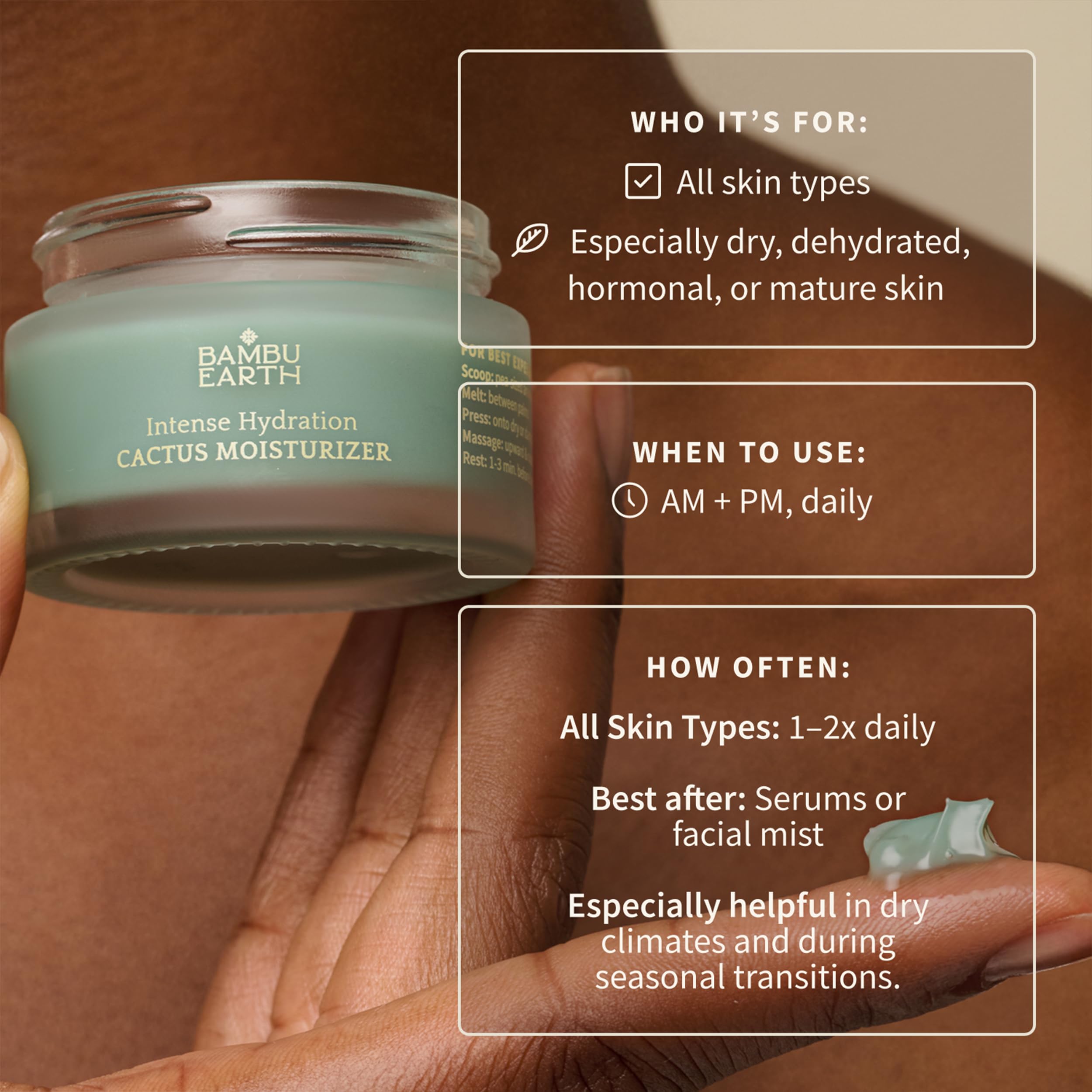BAMBU EARTH Textura sedosa, crema facial que se funde al contacto.