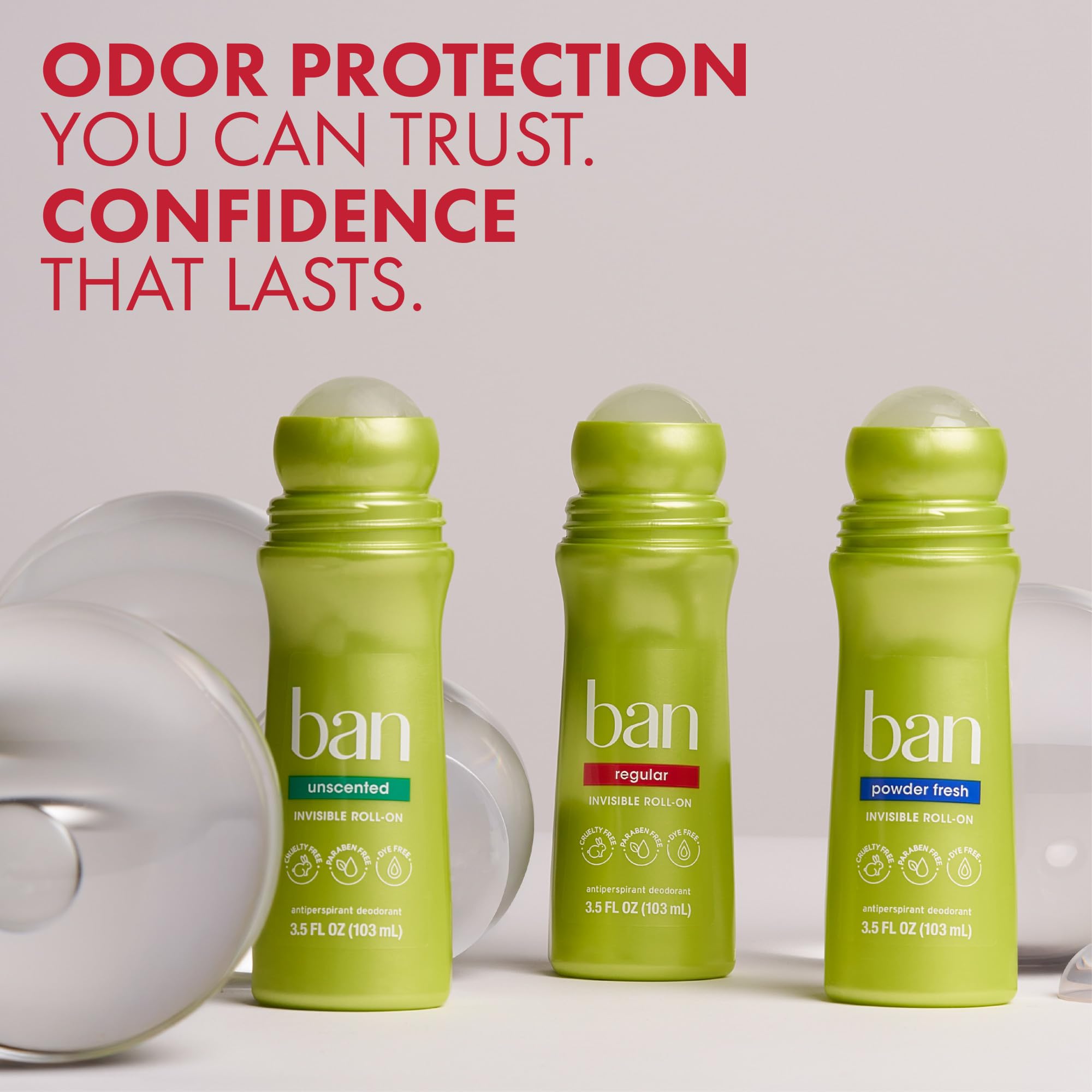 Ban desodorante invisible roll-on, libre de crueldad, para uso diario.
