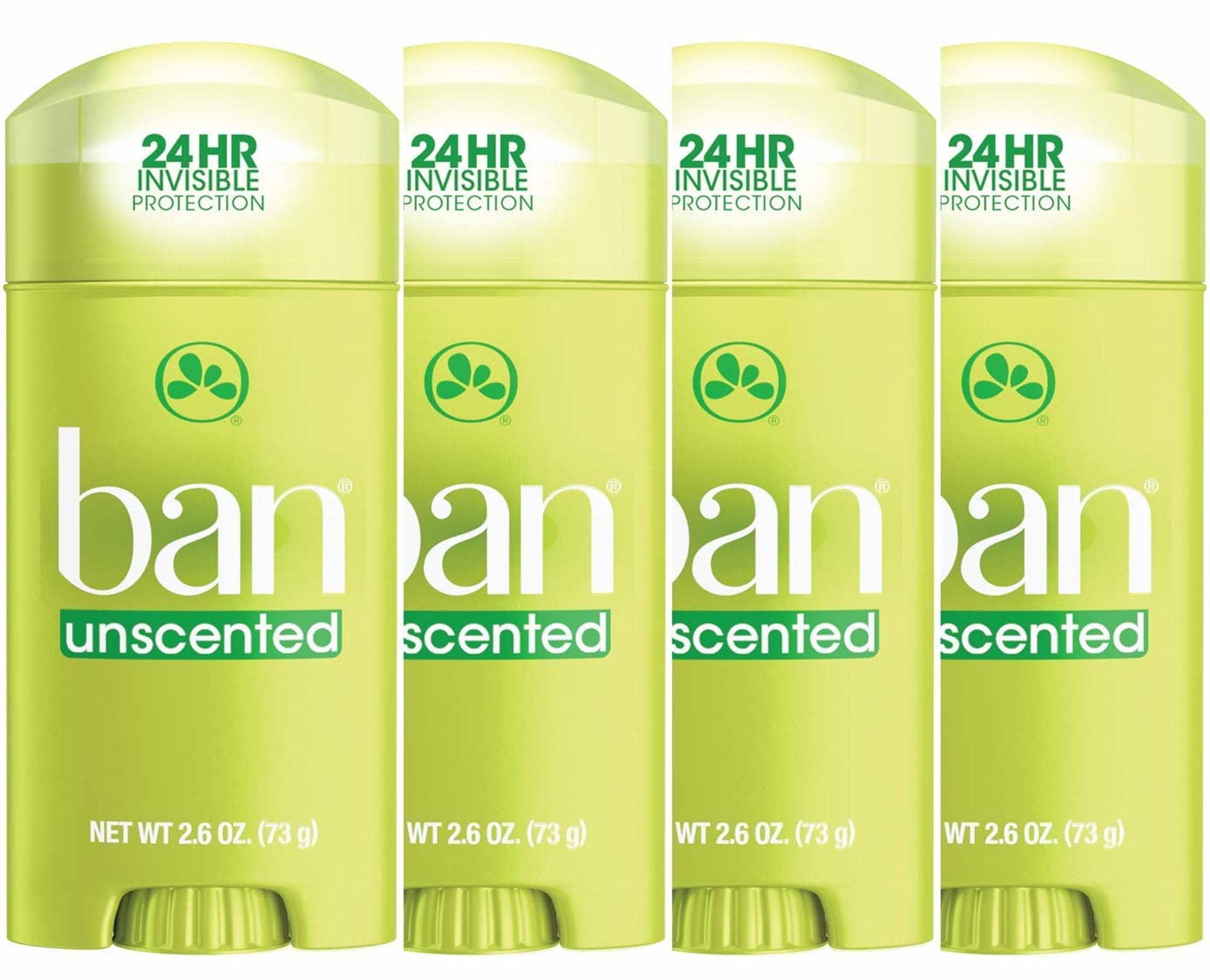 Ban Desodorante Invisible sin fragancia, protección 24h en empaque de cuatro.