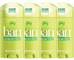 Ban Desodorante Invisible sin fragancia, protección 24h en empaque de cuatro.