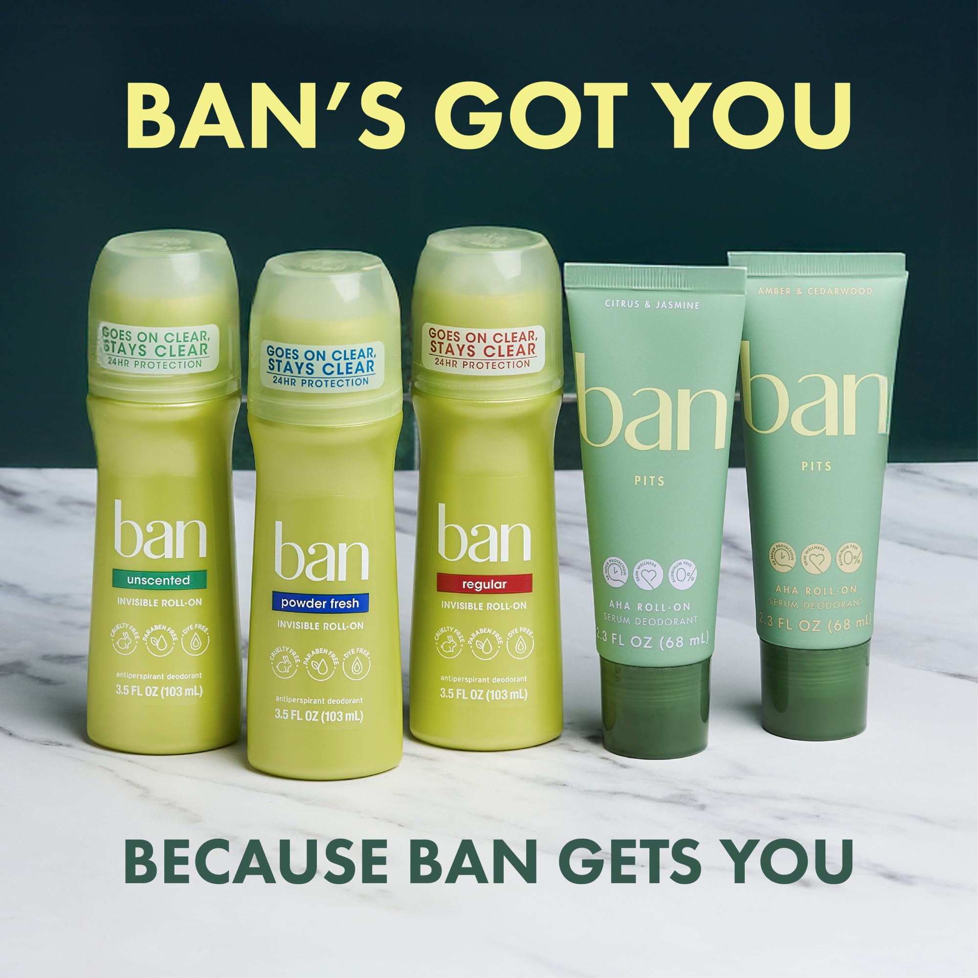 Ban Unscented roll-on showing clothes-safe formula on fabric-friendly surface