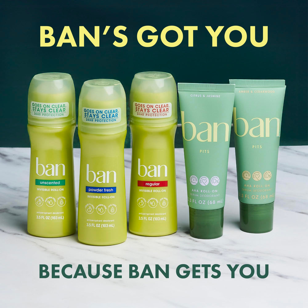 Ban Unscented roll-on showing clothes-safe formula on fabric-friendly surface