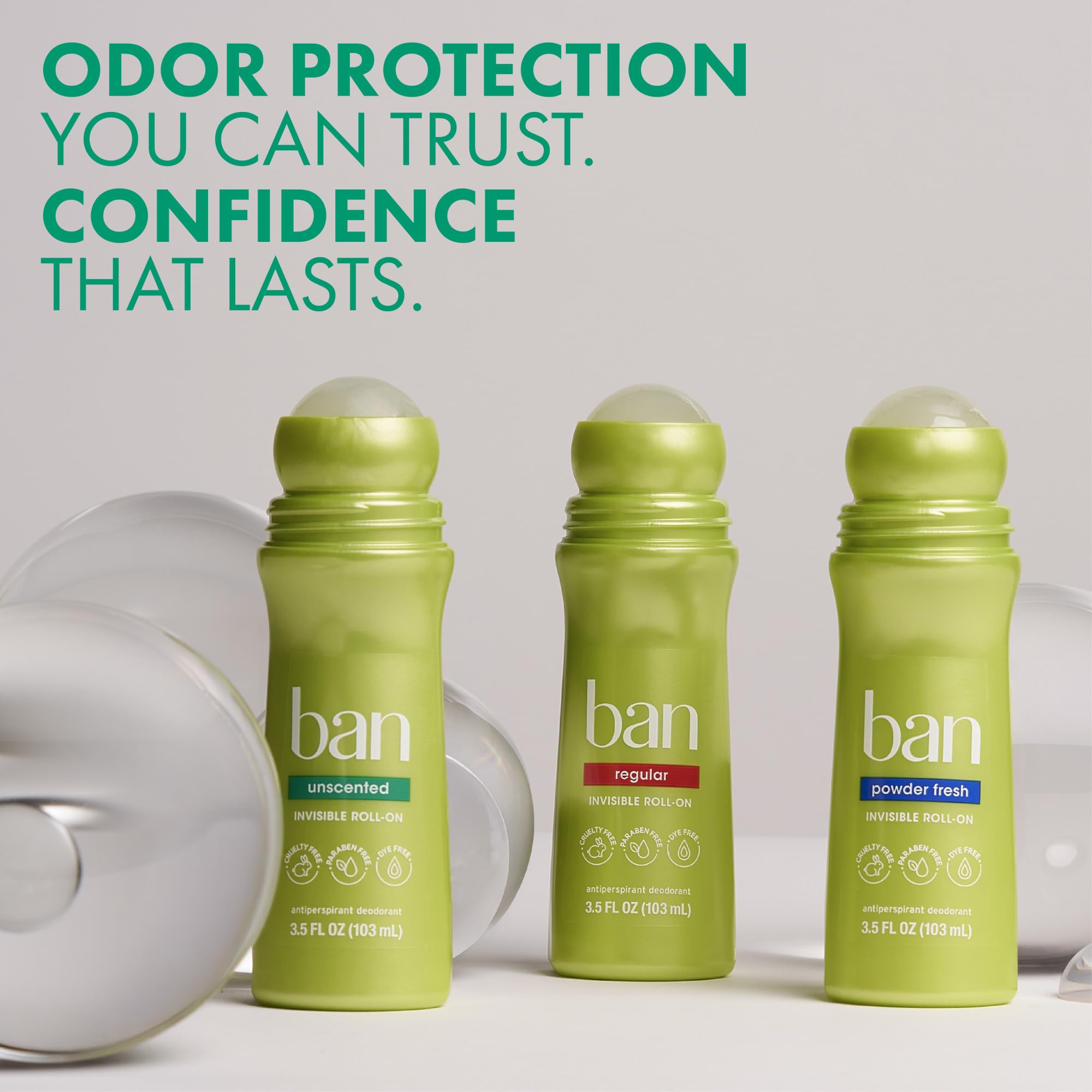 Paraben-free and dye-free badge on Ban Unscented roll-on