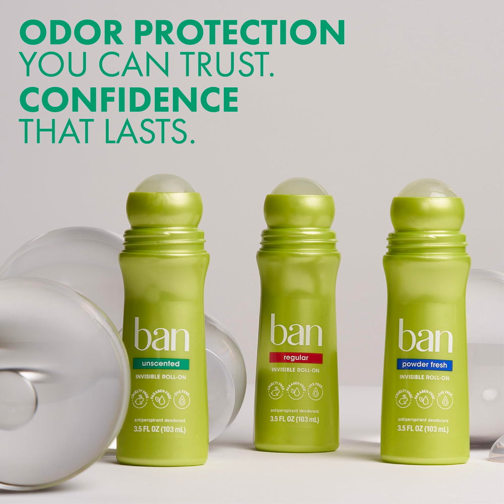Paraben-free and dye-free badge on Ban Unscented roll-on