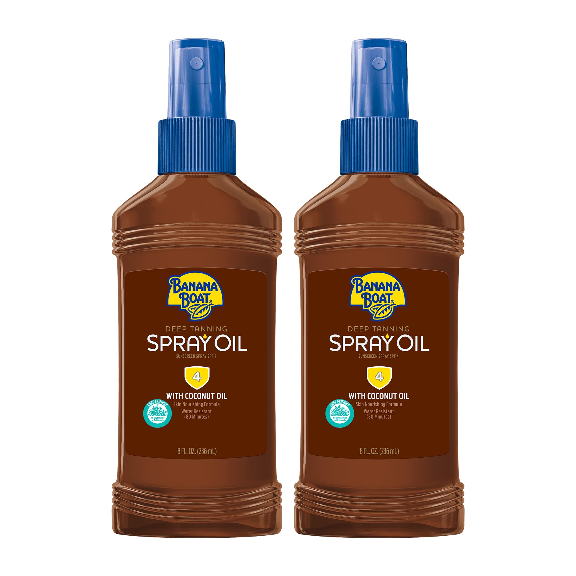 Banana Boat Deep Tanning Oil Aerosol SPF 4, botella lista para bronceado suave y uniforme.