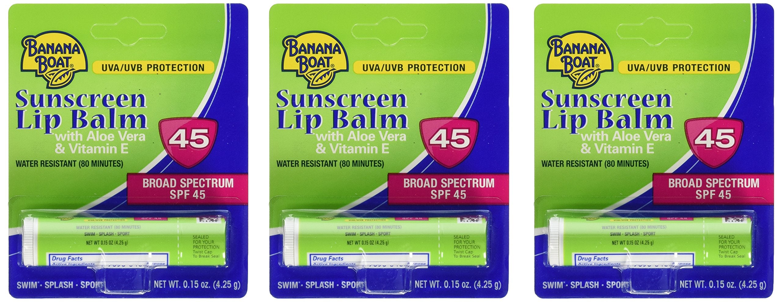 Banana Boat Balsamo labial Aloe Vera SPF45, paquete 3 para uso diario.