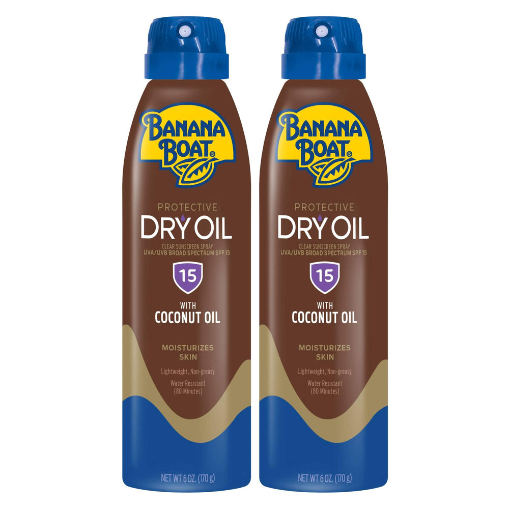Banana Boat dry oil sunscreen SPF 15 twin 6oz bottles for quick, even coverage.