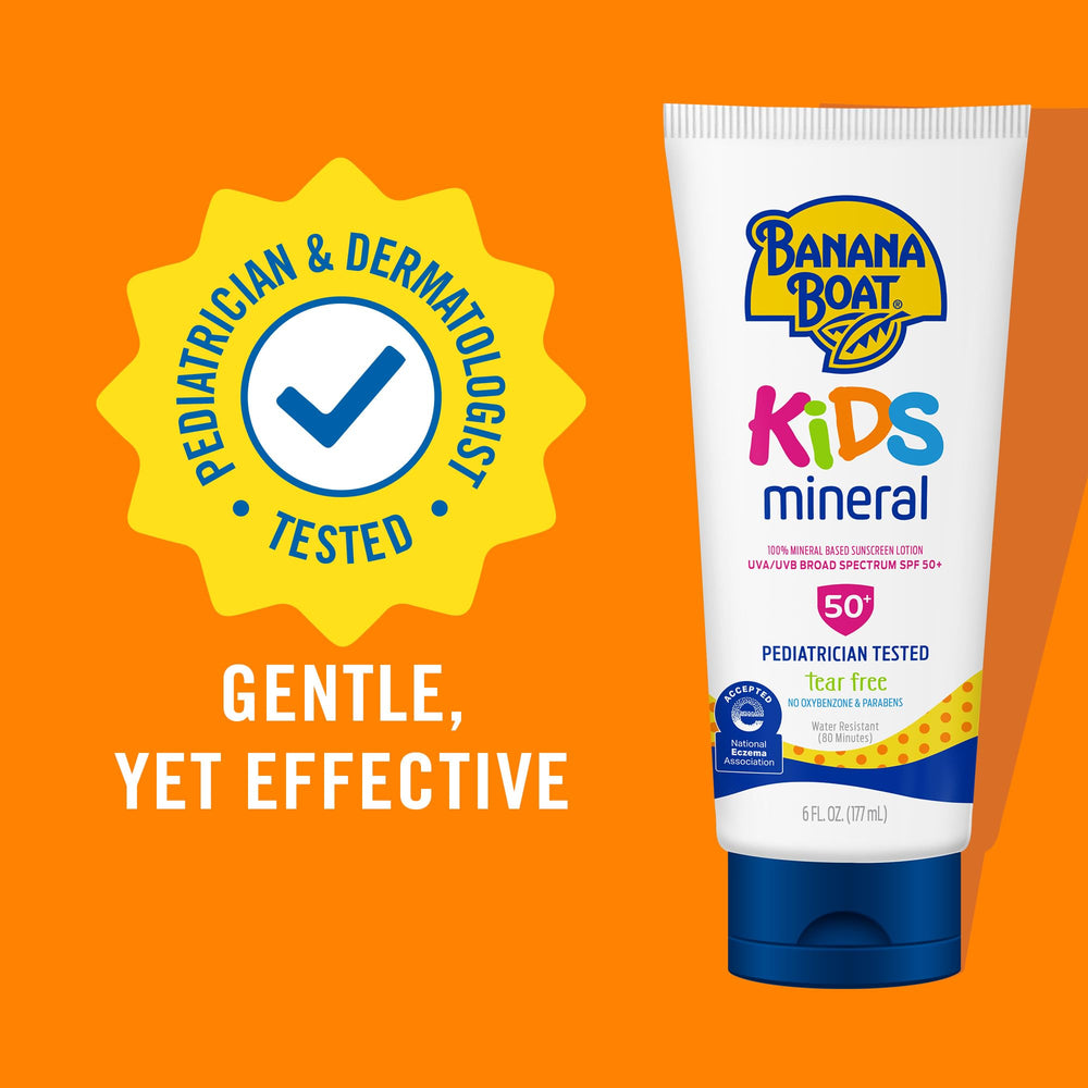 Banana Boat Kids Mineral Sunscreen Lotion being squeezed for easy application.