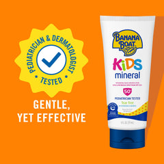 Banana Boat Kids Mineral Sunscreen Lotion being squeezed for easy application.