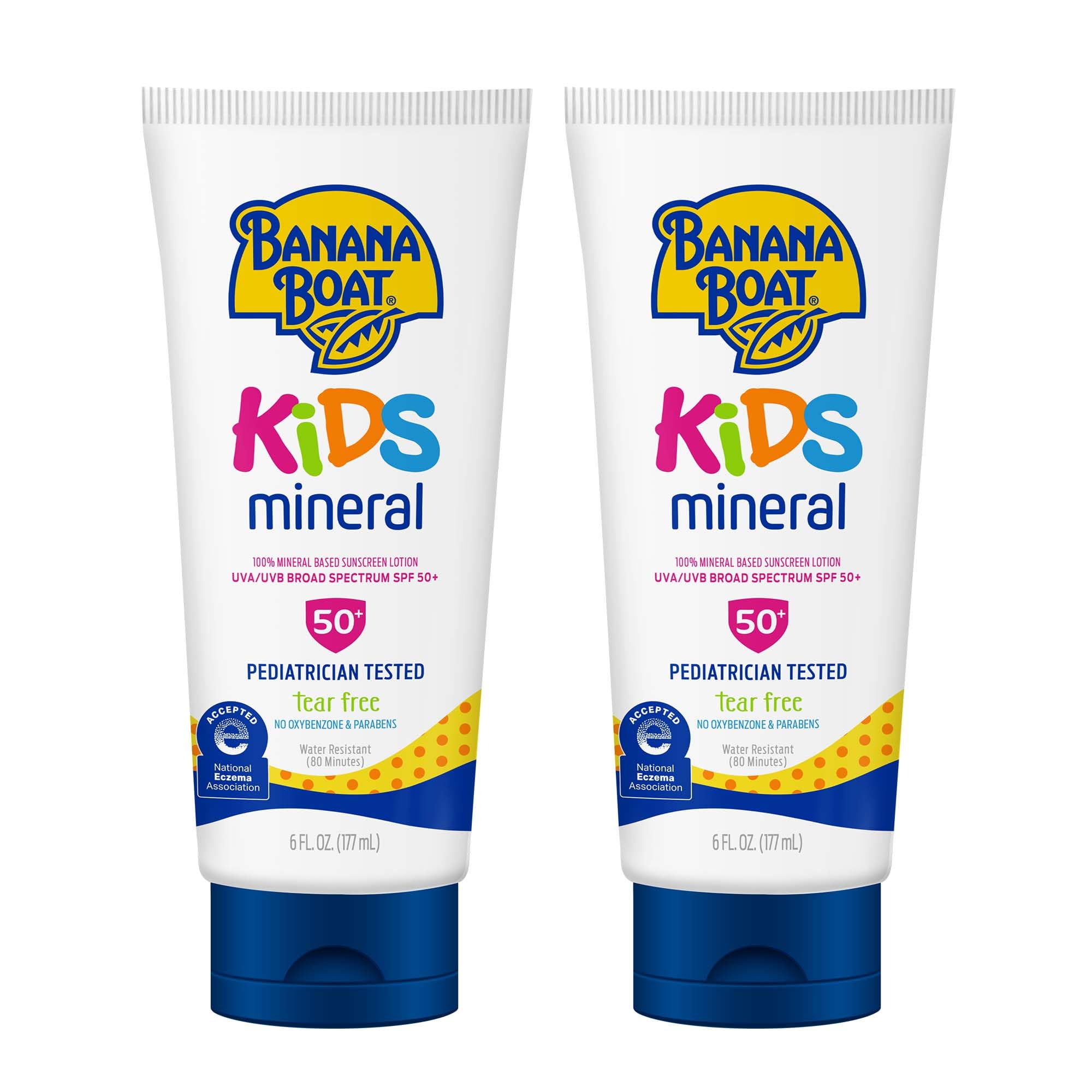 Banana Boat Kids Mineral Sunscreen Lotion twin pack bottle set for family sun protection.