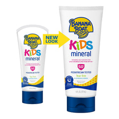 Banana Boat Kids SPF 50 Mineral Sunscreen protects with UVA/UVB rays.