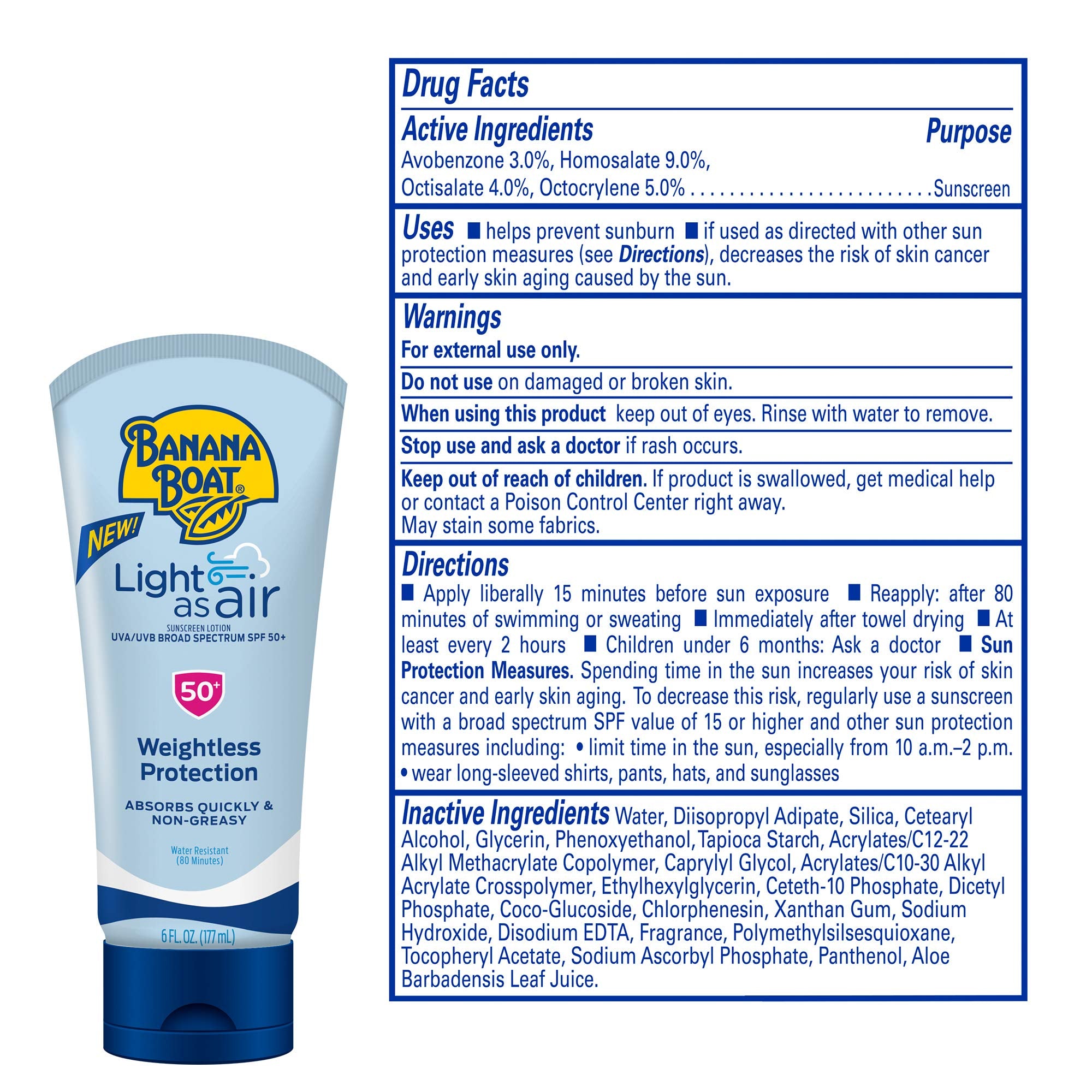 Banana Boat Light As Air SPF 50 bottle being rubbed in to clear, fast-absorbing finish.