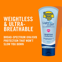 Banana Boat Light As Air SPF 50 on snowy trail, ideal for winter outings.