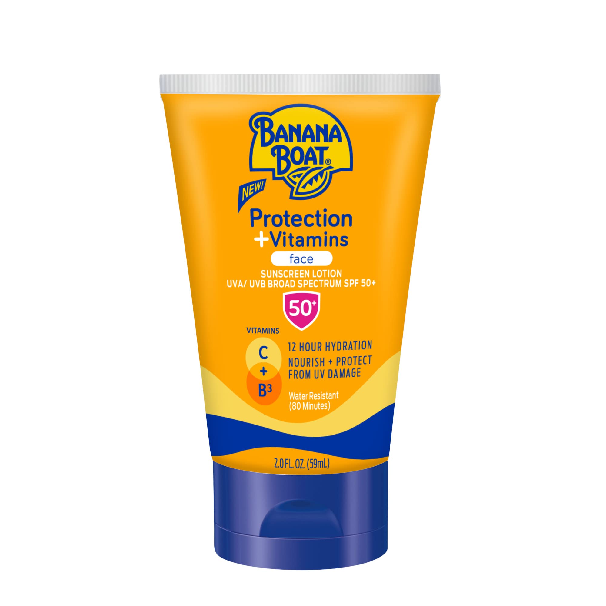Banana Boat Protection + Vitamins sunscreen bottle shows SPF 50 protection for travel days