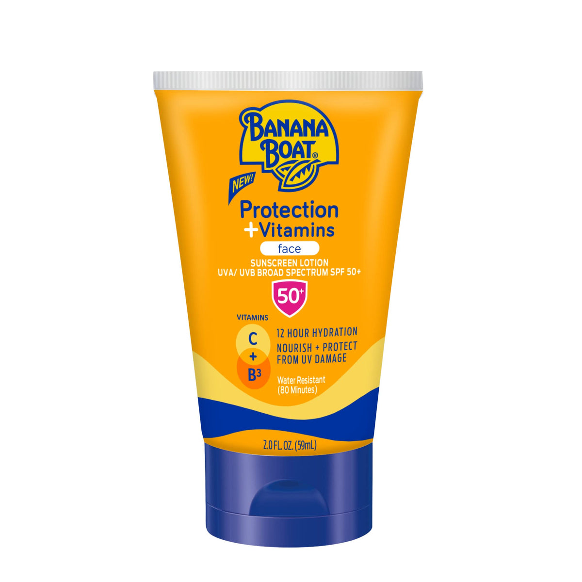 Banana Boat Protection + Vitamins sunscreen bottle shows SPF 50 protection for travel days