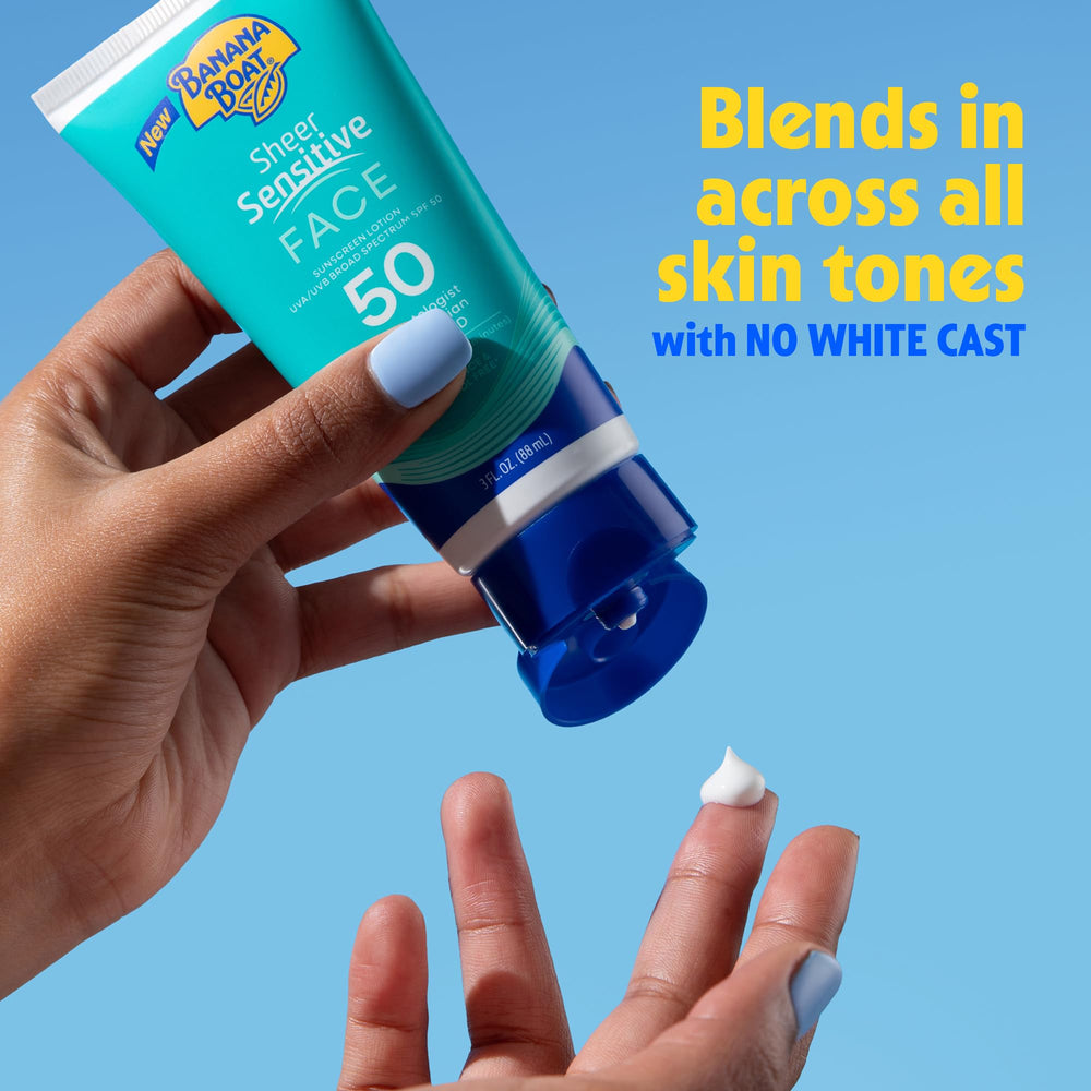 Banana Boat sunscreen being spread effortlessly, non-greasy finish ideal for acne-prone skin.