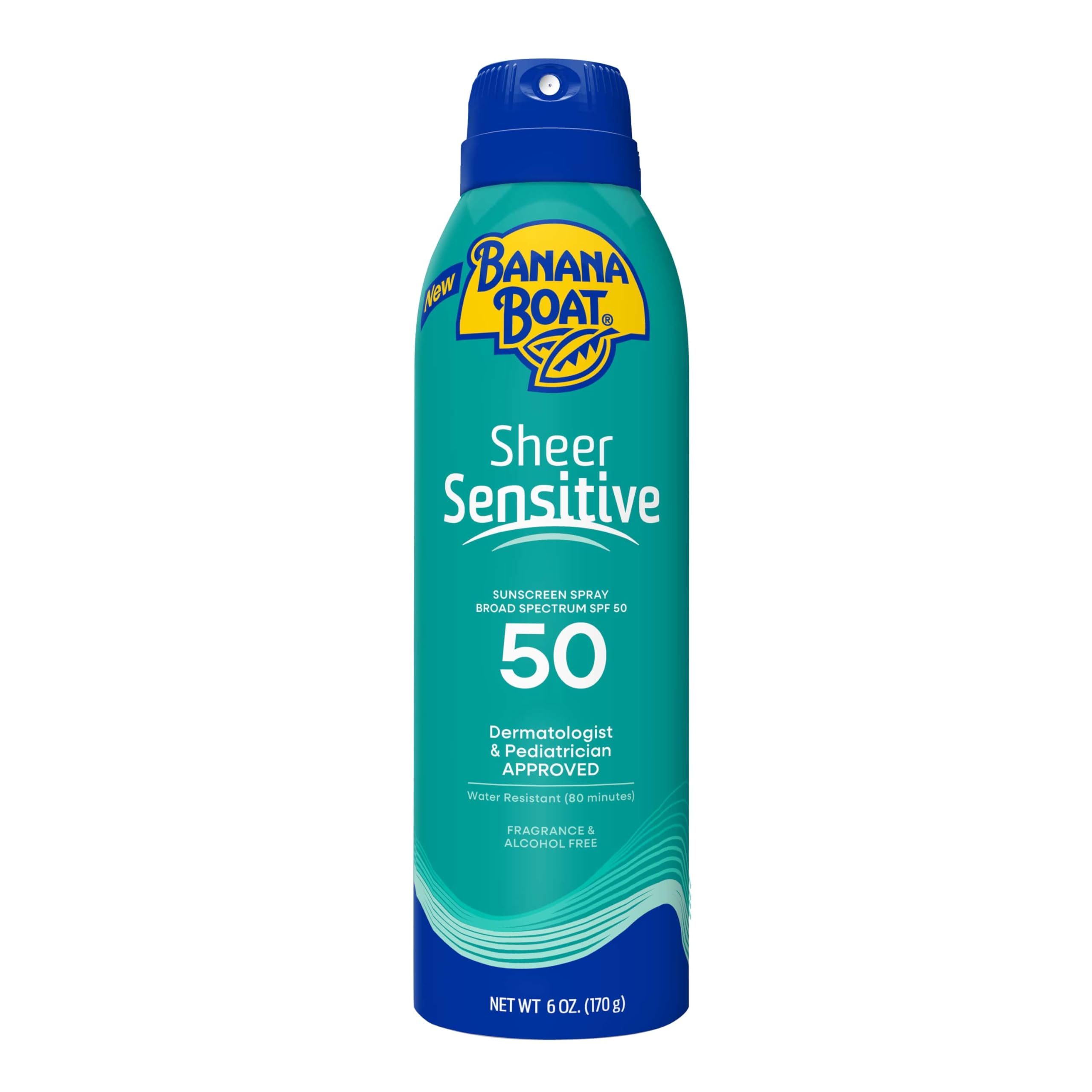Banana Boat Sheer Sensitive Spray, botella con protección SPF 50 para piel sensible.