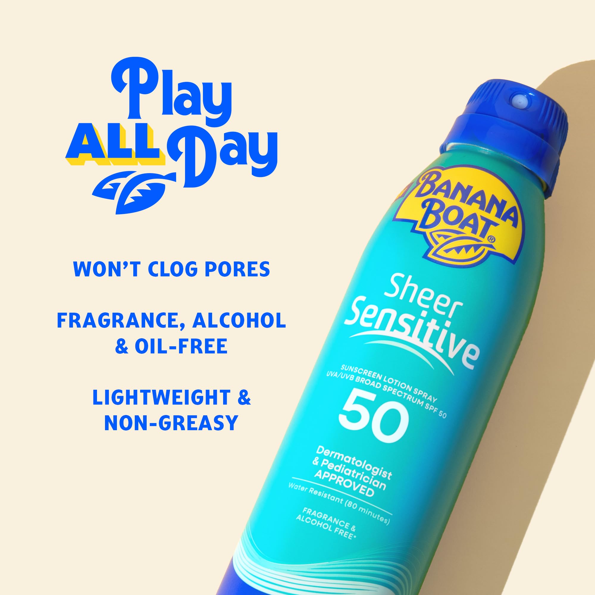 Banana Boat Sheer Sensitive Spray, fórmula sin perfume para piel sensible.