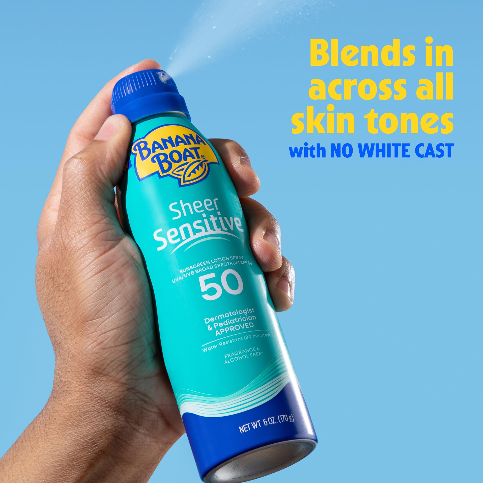 Banana Boat Sheer Sensitive Spray, resistente al agua para playa y deporte.