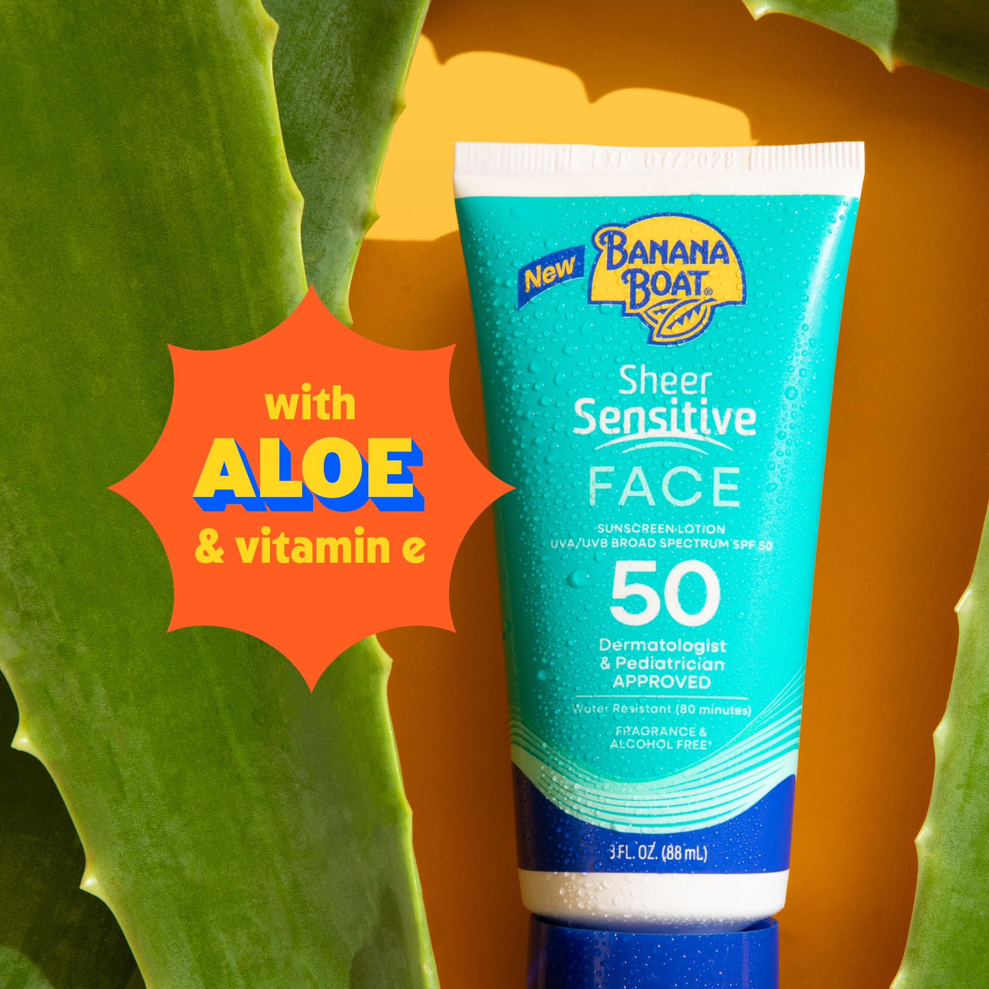 Banana Boat SPF 50 label visible, broad-spectrum protection for daily sun exposure.