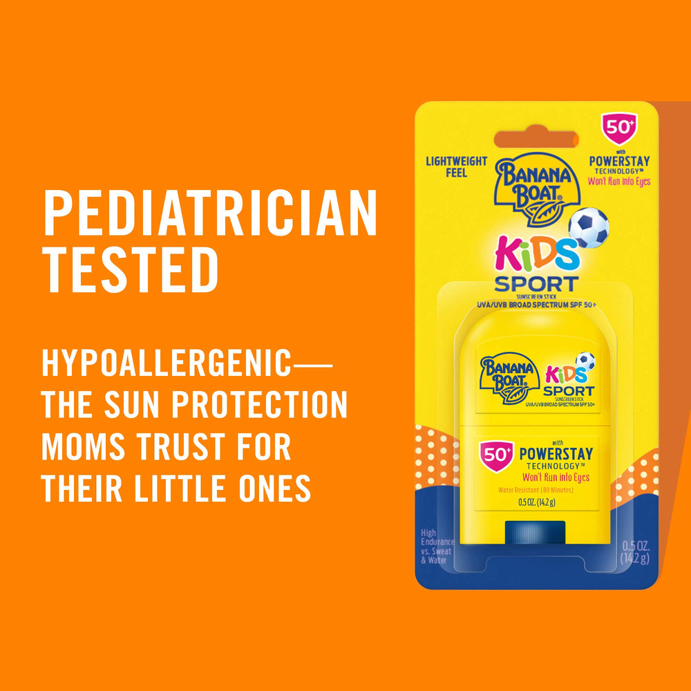 Banana Boat Sport Kids sunscreen stick displaying SPF 50 label