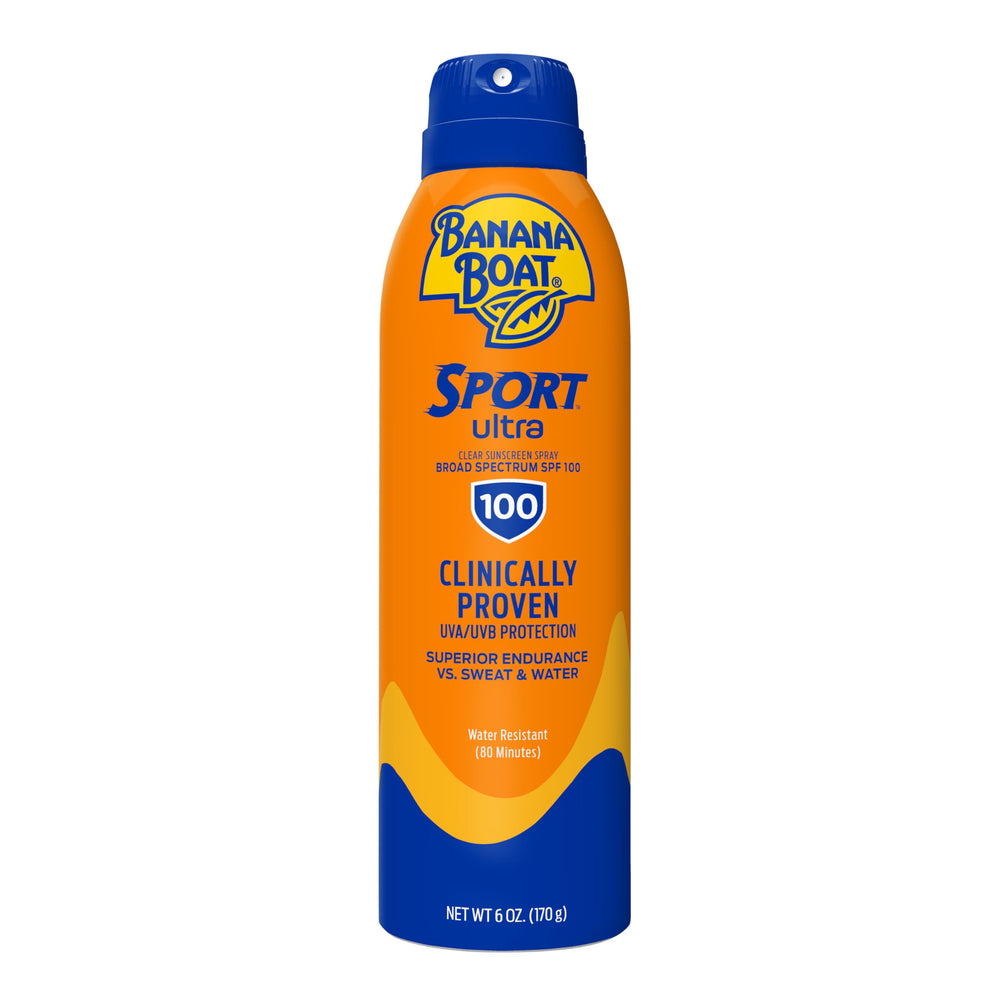 Banana Boat Sport Ultra Clear Spray protegiendo la piel en el frente con SPF 100