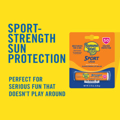 Banana Boat lip sunscreen application on lips for UVA/UVB protection.