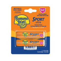 Banana Boat Sport Ultra SPF 50 lip sunscreen being applied to winter lips.