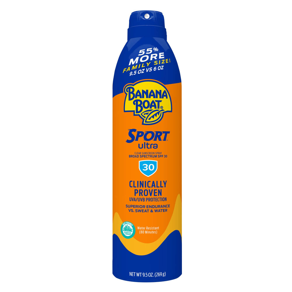 Banana Boat Sport Ultra SPF 30 spray claro para deportes al aire libre.