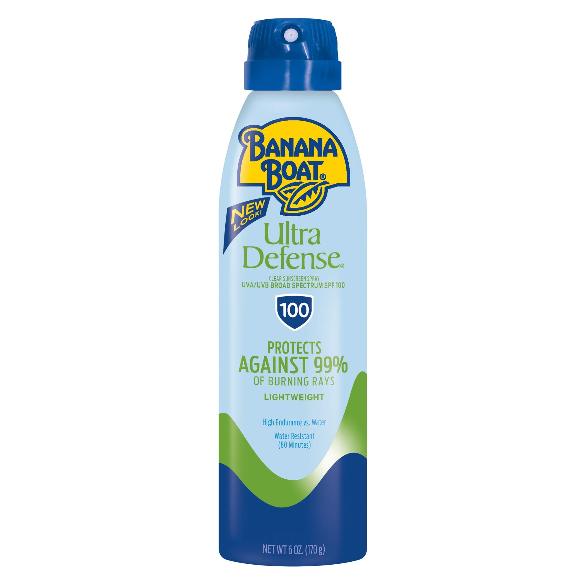 Banana Boat Ultra Defense spray 100 SPF en bote de 6oz para playa.