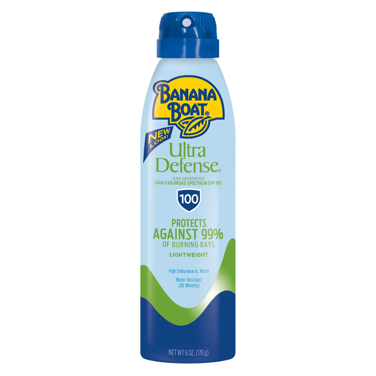 Banana Boat Ultra Defense spray 100 SPF en bote de 6oz para playa.