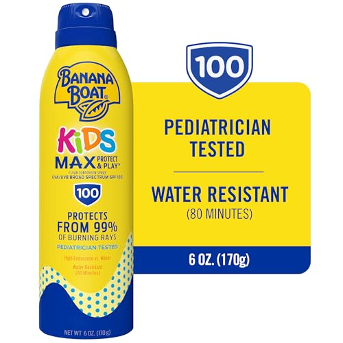 Banana Boat Kids Max Protect & Play spray, aplicación continua para piel sensible.