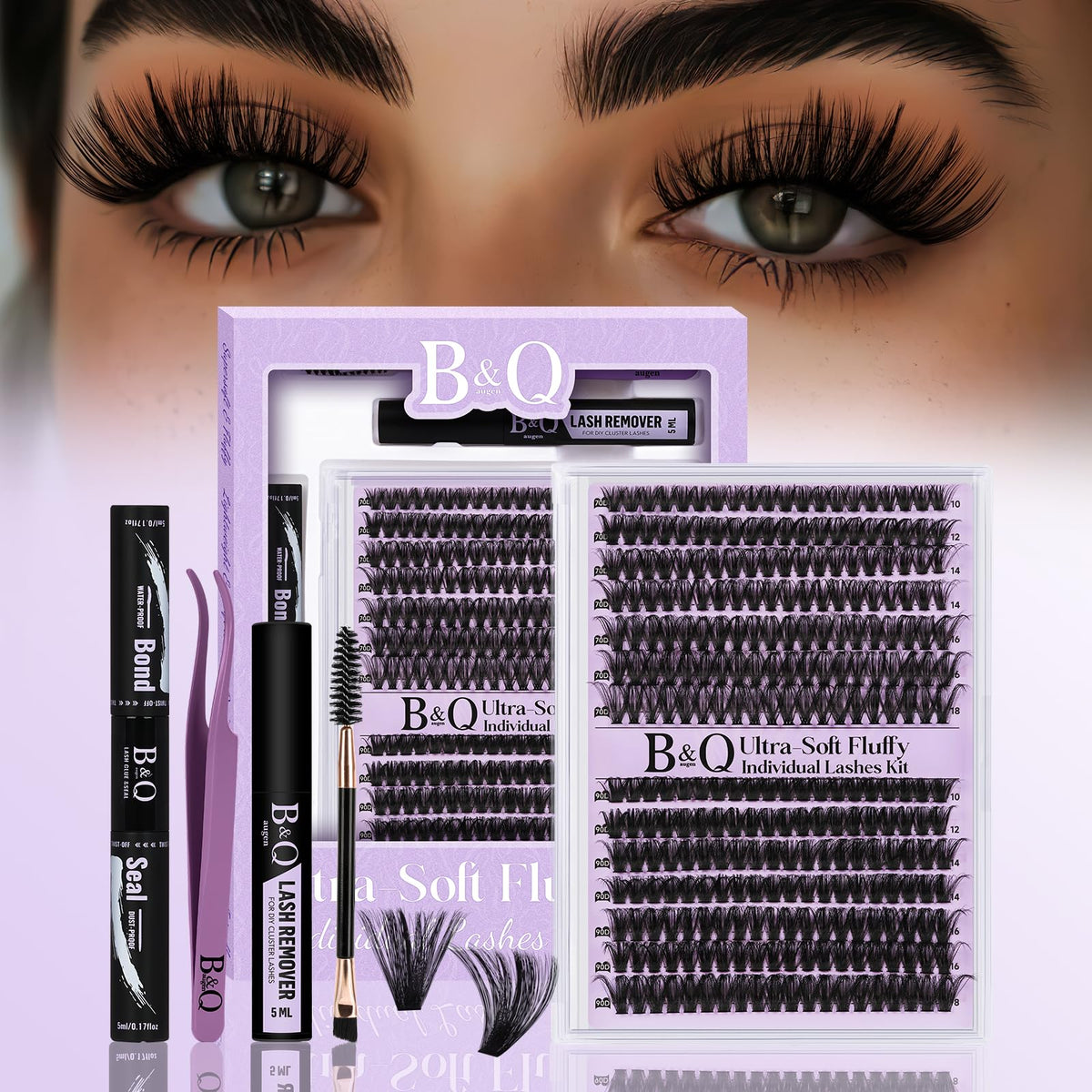 B&Qaugen fluffy lash clusters kit shown with multiple trays for versatile at-home lash looks.