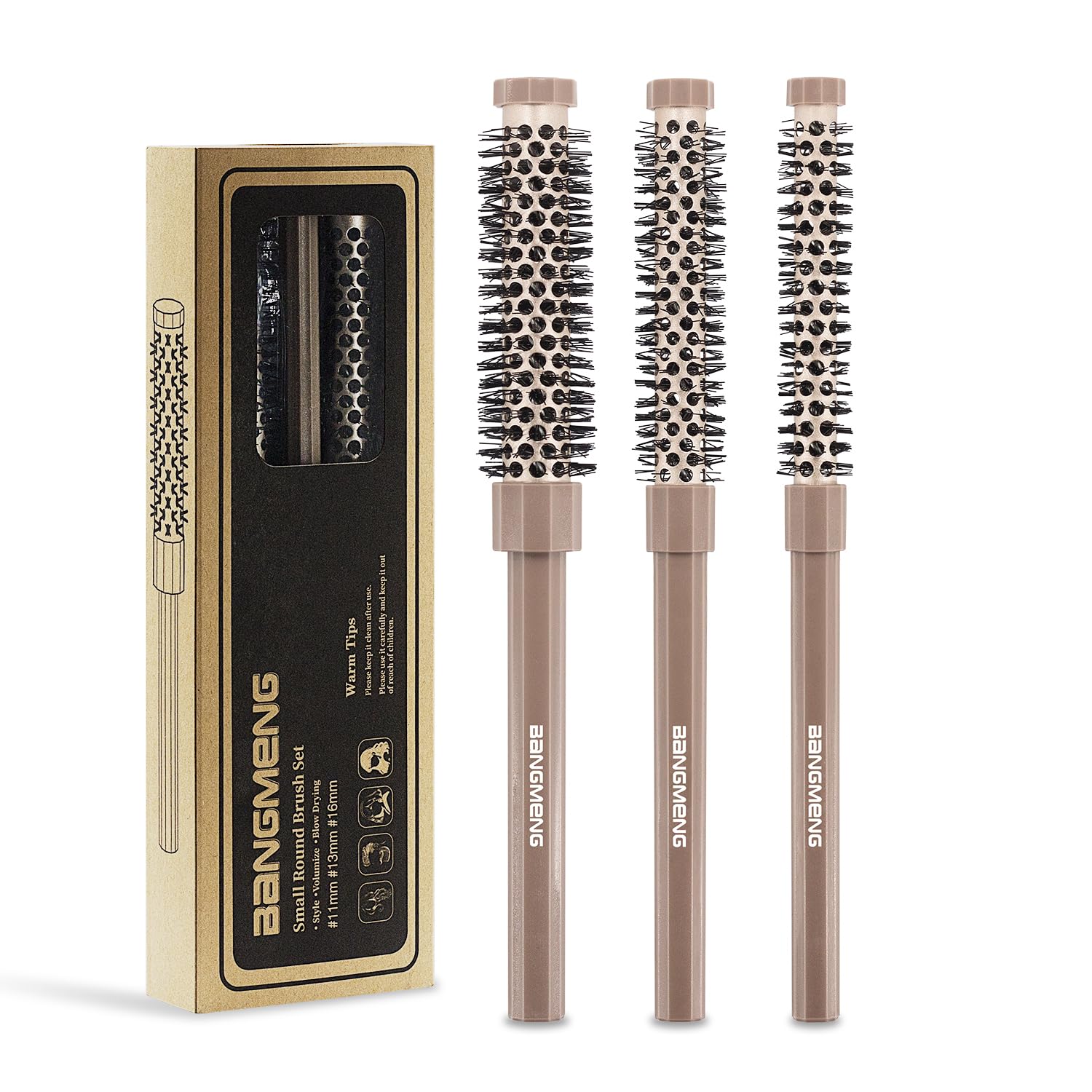 Bangmeng 3-piece round brush set for versatile styling and travel convenience.