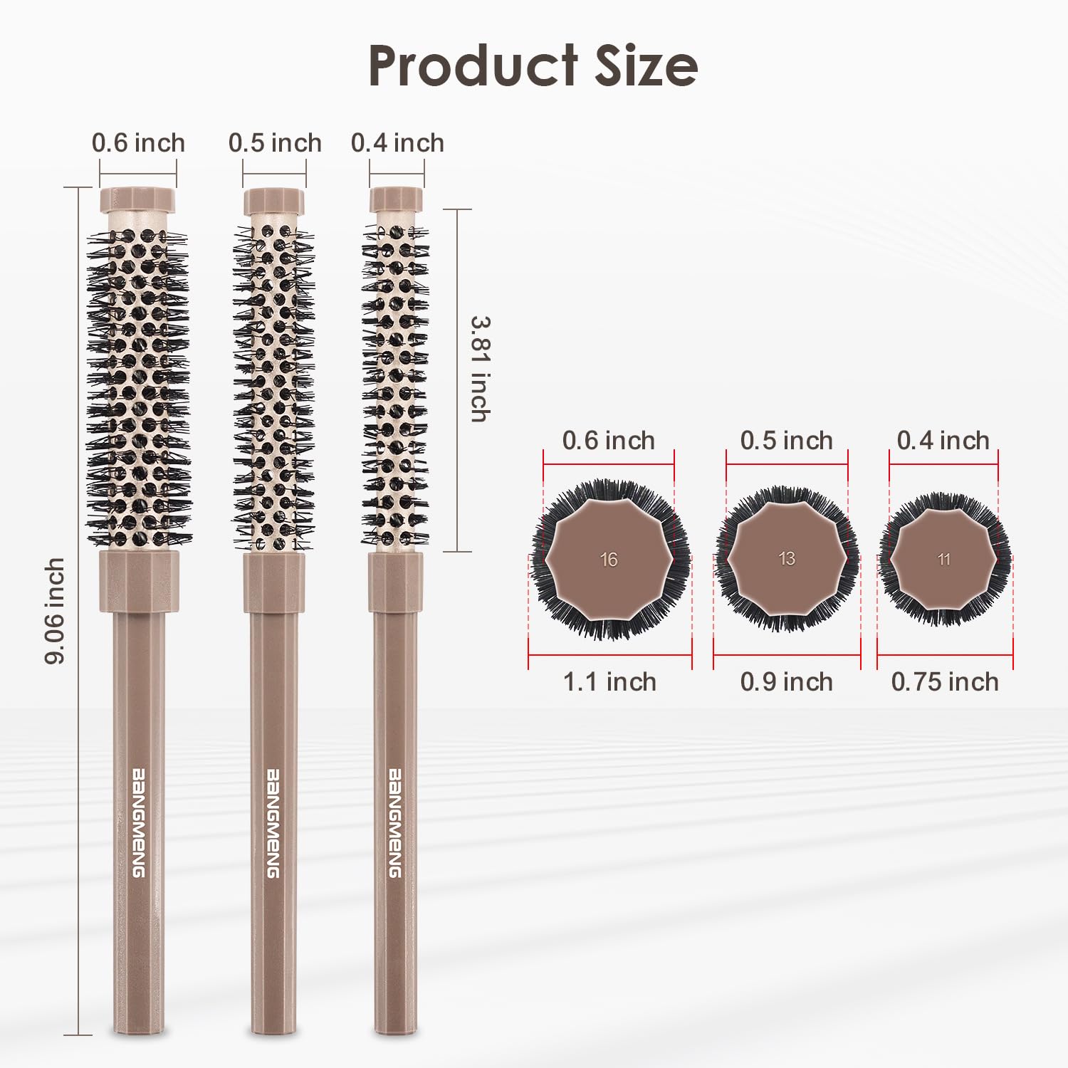 Bangmeng 0.4 inch round brush with vented barrel for quick root lift.
