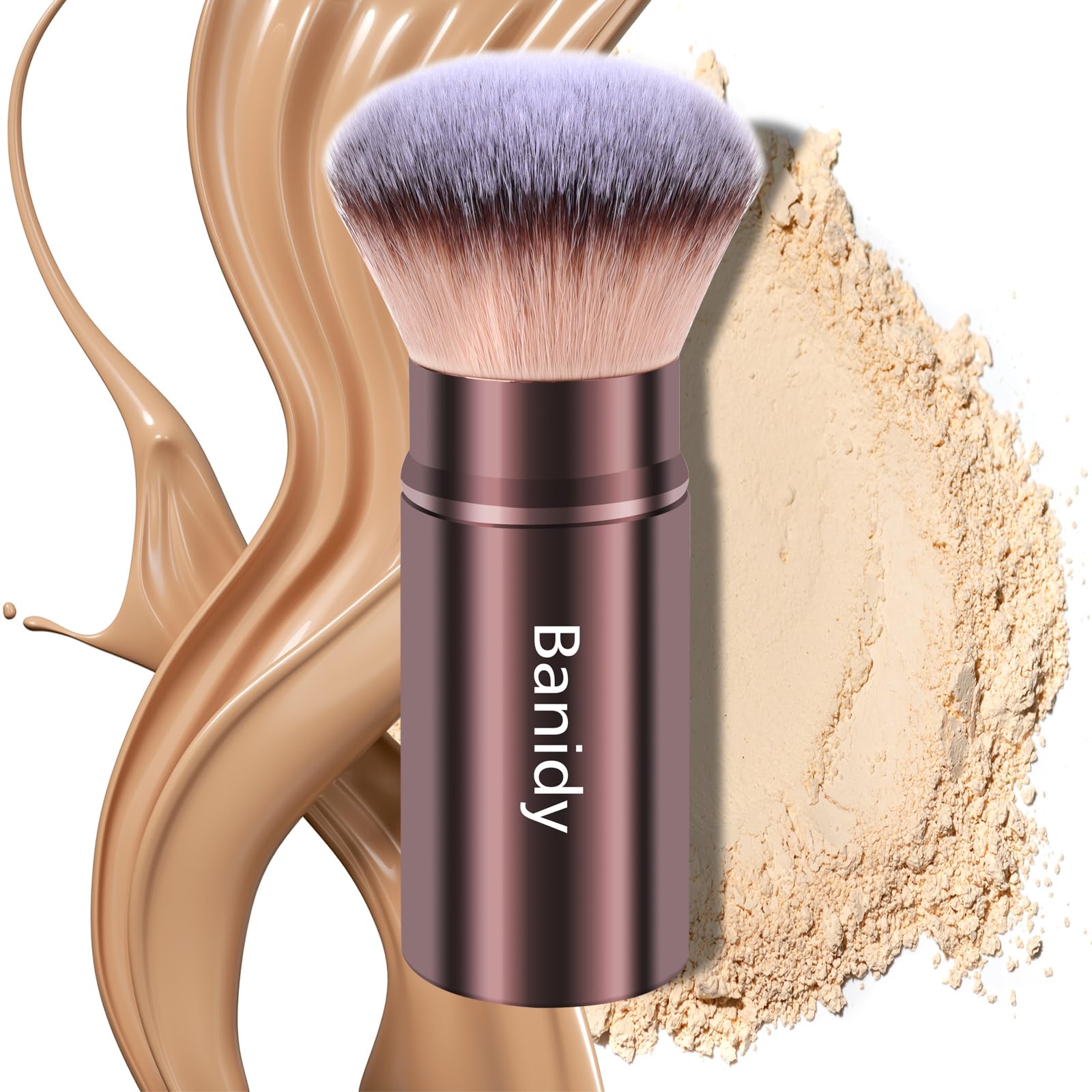 Banidy kabuki brush with round head in retractable design for precise, on-the-go application.