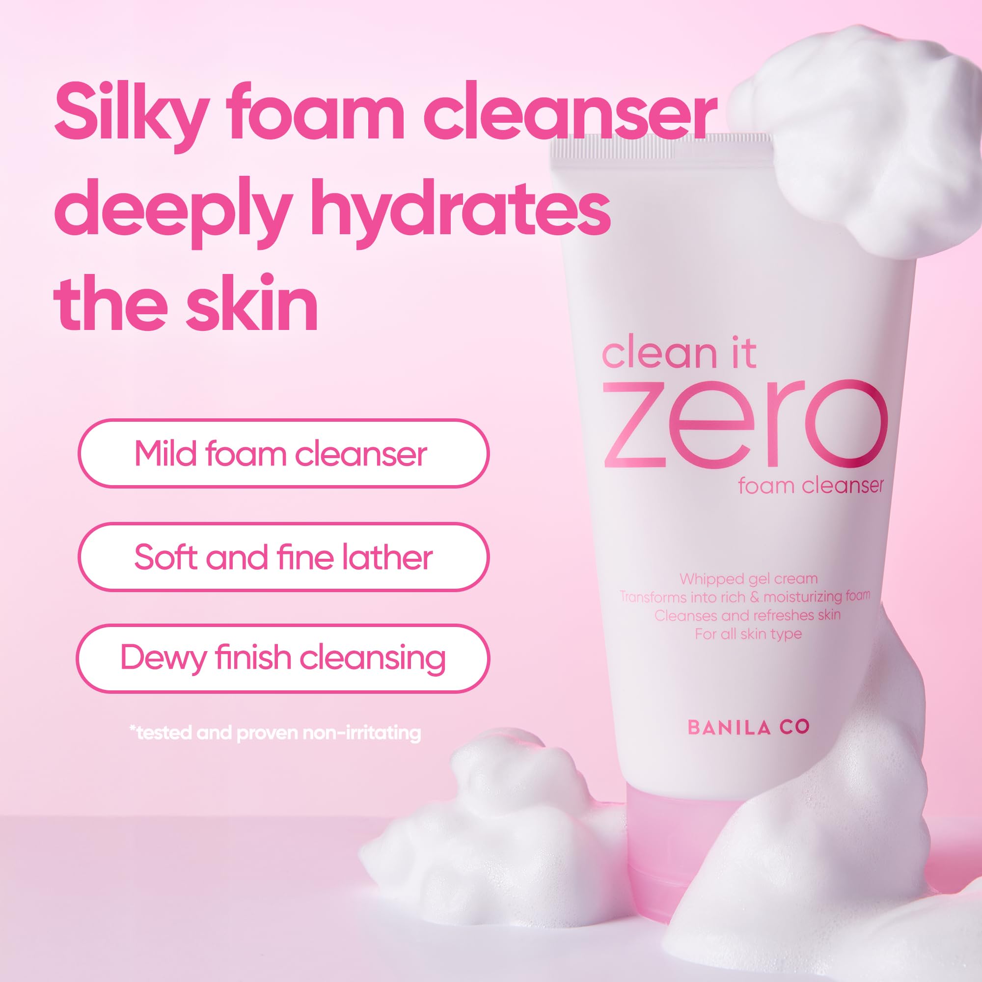 BANILA CO Clean It Zero, espuma cremosa visible, limpia sin irritar la piel.